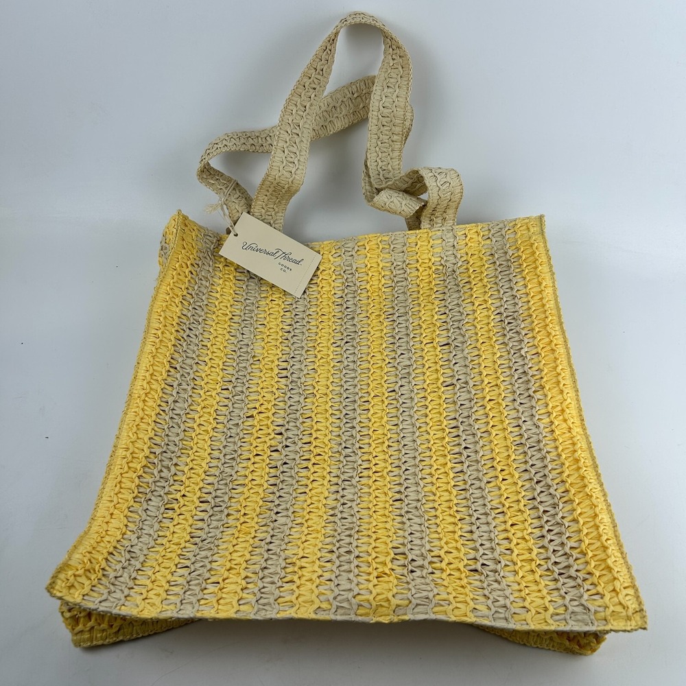 Universal Threads Straw Crochet Tote Bag Womens Yellow Gray Striped Beach Summer
